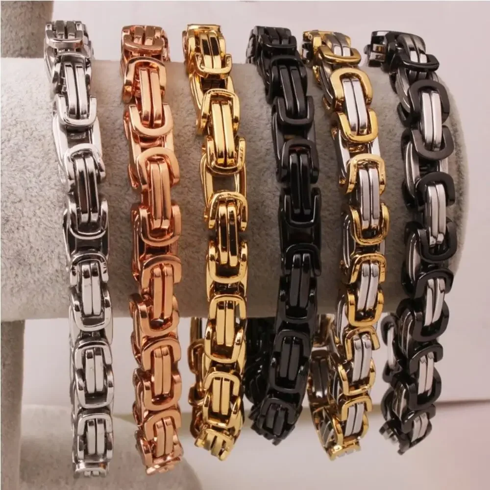 STAINLESS STEEL BYZANTINE MECHANIC SILVER BLACK BIKER BRACELET GOLD BLACK